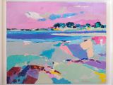 un tableau représentant une scène de plage avec un ciel rose en arrière-plan