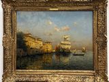 painting of a painting of a boat in a body of water with buildings in the background
