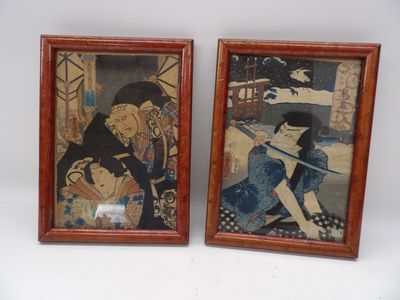 deux tableaux encadrés représentant une femme et un homme armé d'une épée