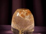 a glass vase with a flower inside of it on a table