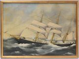 peinture représentant un voilier sur une mer agitée, avec le ciel en arrière-plan