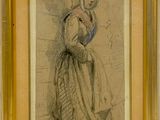un vieux dessin représentant une femme en robe tenant un sac