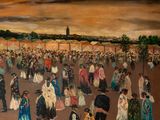 an oil painting of a crowd of people walking around in a field