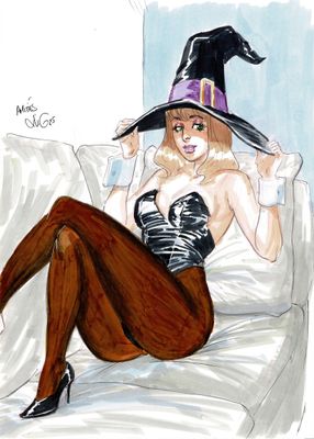 dessin représentant une femme déguisée en sorcière, assise sur un canapé