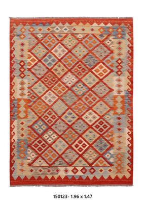 Kilim Afghan en laine couleur rouge et beige 196 x 147