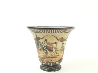 a vase with a painting on it on a white background