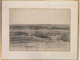 drawing of a landscape with a field of grass in the foreground and a distant plain in the distance