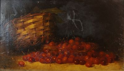 an oil painting of a basket of cherries and cherries on a table