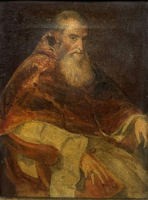 un vieux tableau représentant un homme à la longue barbe, assis sur une chaise
