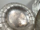 two silver plates that are sitting on a table