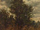 un tableau représentant un arbre dans un champ sous un ciel nuageux
