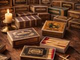 de nombreuses allumettes, rangées dans de petites boîtes posées sur la table