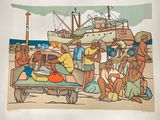 painting of a group of people on a beach with a boat in the background