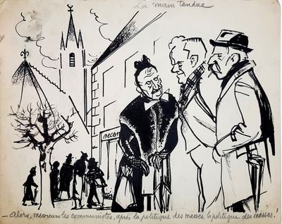 drawing of two men talking to each other on a city street