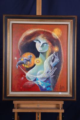 une peinture à l'huile représentant une femme tenant une balle orange posée sur un chevalet