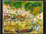 an oil painting of a city scene with boats and buildings
