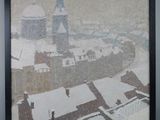 painting of a view of a snowy city with a clock tower in the background