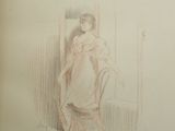 drawing of a woman in a white dress sitting on a chair