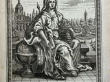an old engraving of a woman sitting on a bench in front of a city