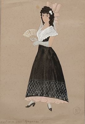 drawing of a woman in a black and white dress holding a fan
