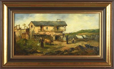 une peinture à l'huile représentant une scène de vie à la ferme avec un cheval et une charrette