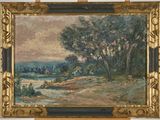 painting of a landscape with trees and a river in the foreground
