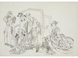 a black and white drawing of two women in kimono robes