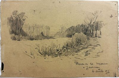 un vieux dessin représentant une rivière, avec des arbres et de l'herbe au premier plan