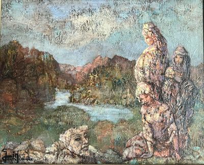 un tableau représentant un homme debout sur un rocher au bord d'une rivière