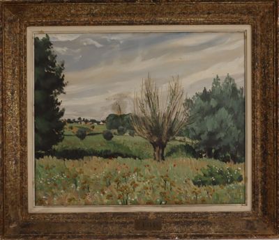 une peinture à l'huile d'un champ avec des arbres au loin