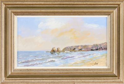 an oil painting of a beach scene with a boat in the water