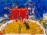 tableau représentant une scène de cirque avec un homme à cheval au centre de la piste