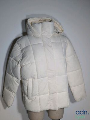 the jacket is white and has a hood that is attached to it