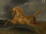 tableau représentant un cheval galopant dans un champ, avec un ciel orageux en arrière-plan