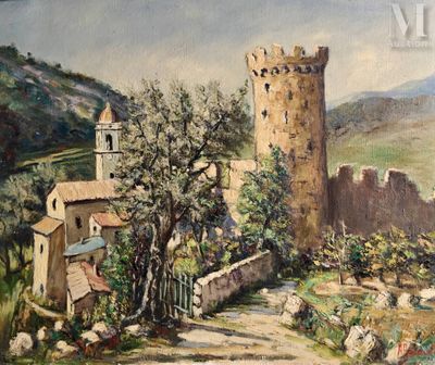 une peinture à l'huile représentant un château sur une colline, avec une route