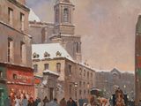 un tableau représentant une scène de rue avec des passants marchant dans la neige