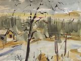 a watercolor painting of a landscape with birds flying over the water