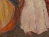painting of a woman in a white dress holding a blue and yellow umbrella
