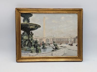 painting of a view of the washington monument with a fountain in the foreground