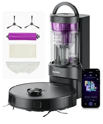 une image représentant un robot aspirateur noir et violet, avec un téléphone à côté