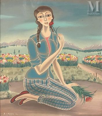 tableau représentant une femme agenouillée dans un champ, une fleur à la main