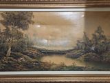 an oil painting of a river and trees in a gold frame