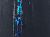 an abstract painting of a black and blue cross on a black background