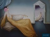 a painting of a woman sitting in a chair in front of a mirror