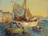 une peinture représentant un bateau dans l'eau avec d'autres bateaux dans l'eau
