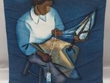 une peinture à l'huile représentant une femme assise sur un tabouret, tenant un livre