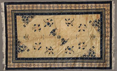 un tapis oriental orné de fleurs bleues et jaunes sur fond beige