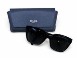 the sunglasses are black and have a blue case on it