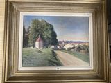une peinture à l'huile représentant une route de campagne avec une église en arrière-plan