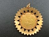 an image of a gold coin with a sunburst on it